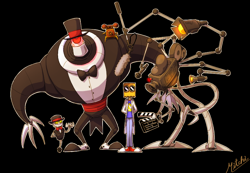 3boys, arms_behind_back, artist_name, bag_on_head, black_background, black_jacket, black_pants, blue_pants, camera, commentary_request, dr._flug, full_body, goggles, hatbot-ler_(villainous), hatbot-sentinel_(villainous), jacket, lab_coat, machine, male_focus, multiple_boys, nyatarou, pants, red_eyes, red_shoes, robot, shoes, simple_background, standing, villainous, yellow_eyes