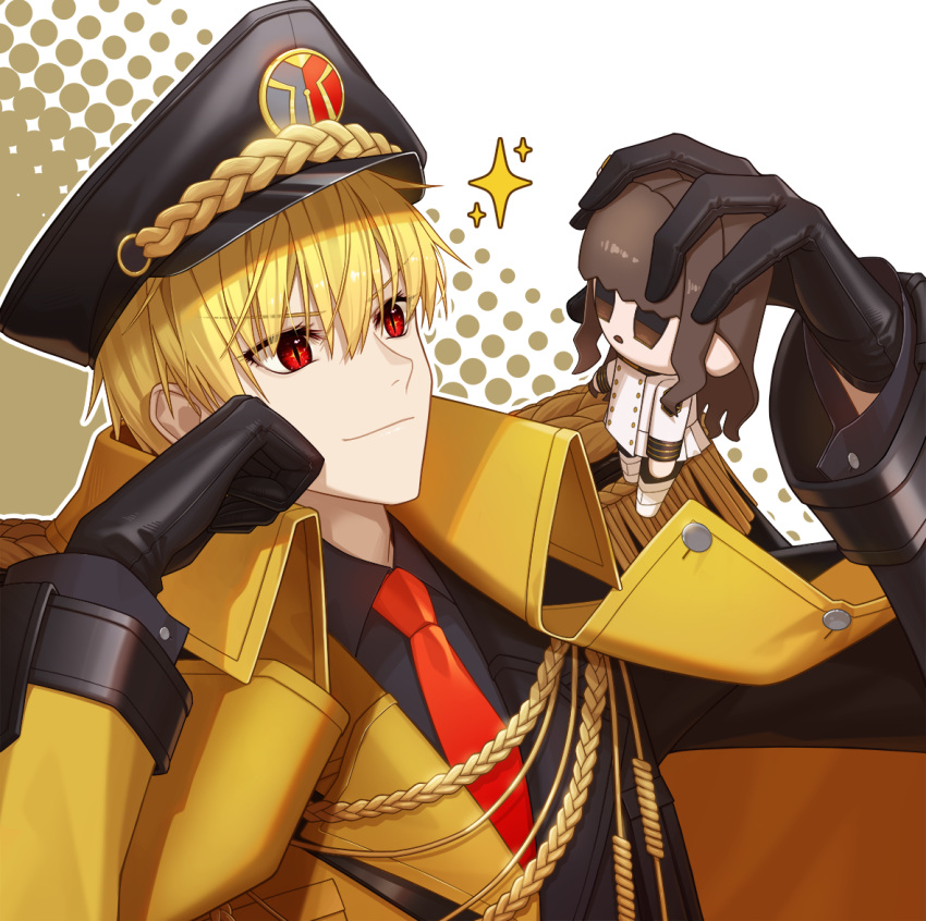 1boy, arm_support, black_gloves, blonde_hair, brown_eyes, brown_hair, buttons, character_doll