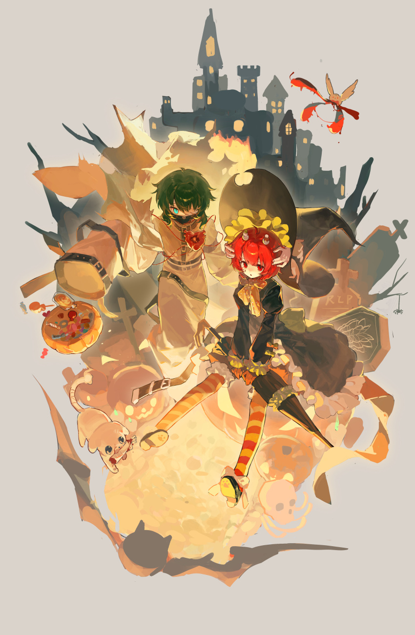 2girls, absurdres, ahoge, bandaged_tail, belt, black_belt, black_dress, black_hat