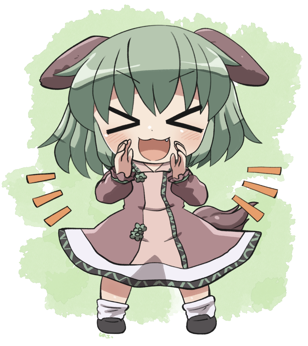 >_<, 1girl, :3, :d, animal_ears, black_shoes, blush, brown_dress