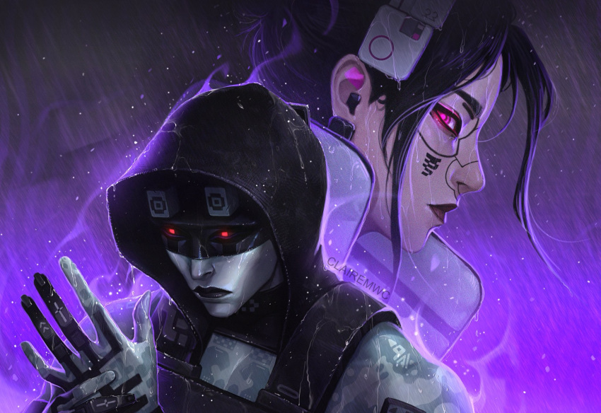 1boy, 1girl, artist_name, assassin_(marathon), black_hair, clairemwc, colored_skin, eye_mask