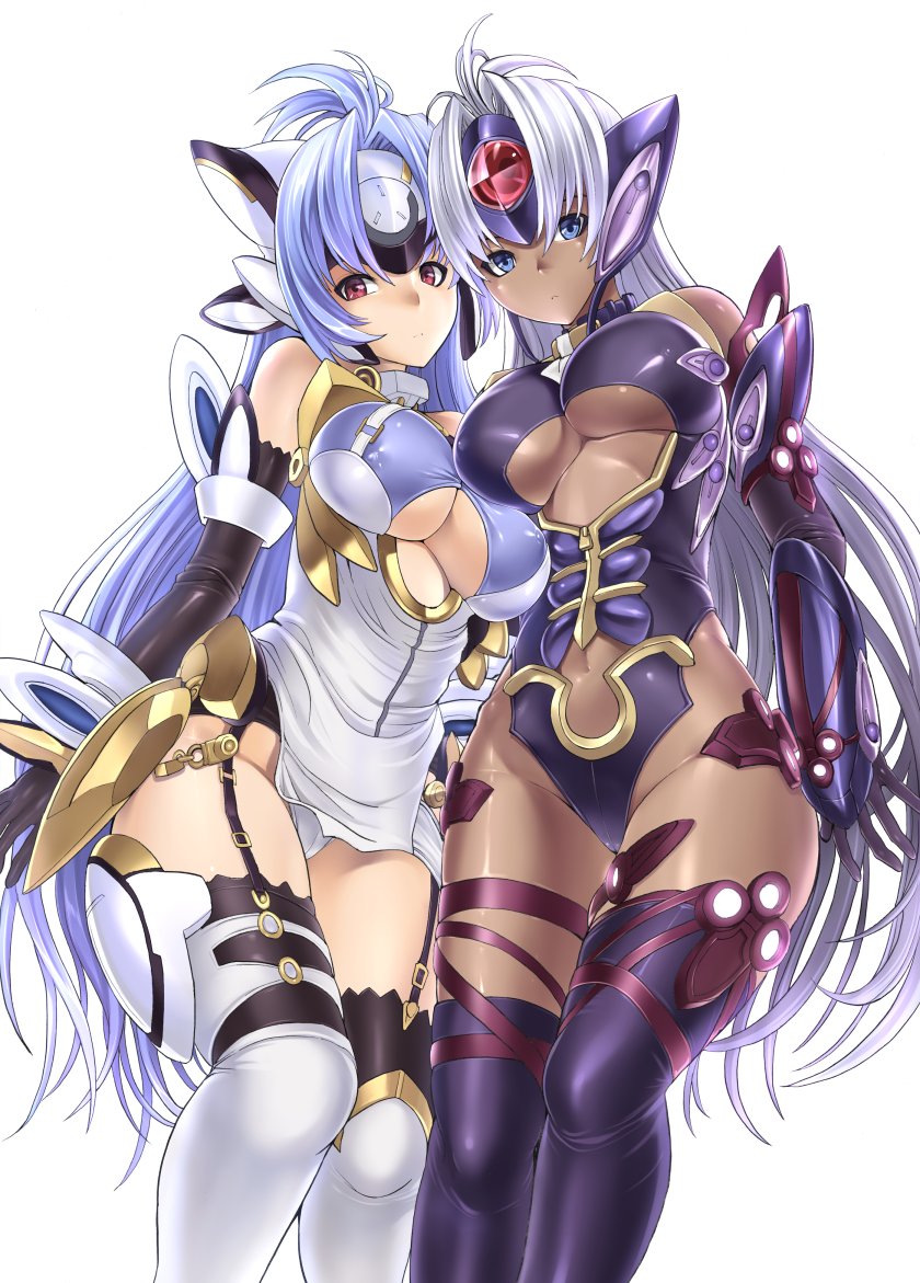 android, black_legwear, blue_eyes, blue_hair, breasts, cleavage, cyborg, dairiseki
