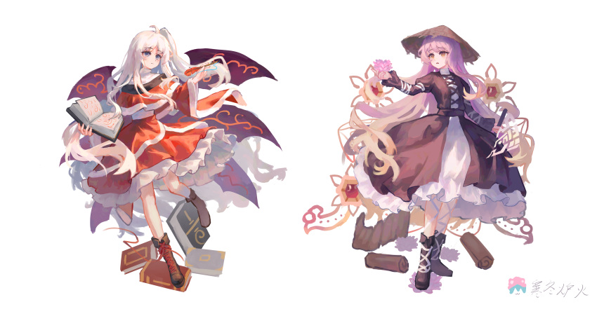 2girls, absurdres, ahoge, ajirogasa, arm_up, black_boots, black_dress, blue_eyes