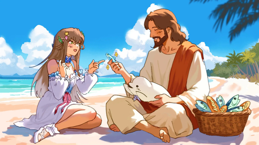 1boy, 1girl, animal, baguette, basket, beach, beard, blue_sky