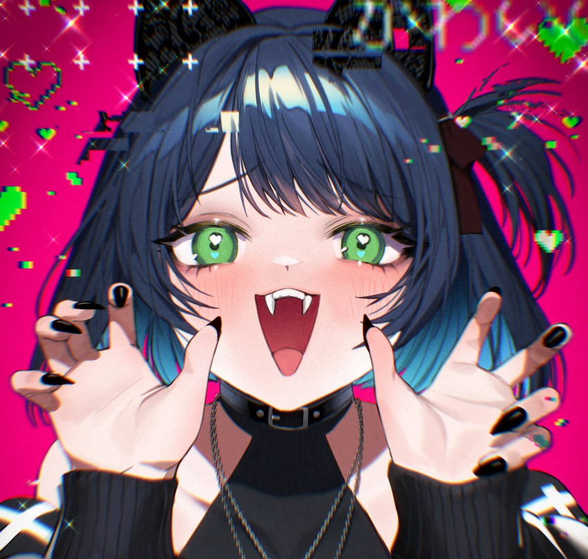 1boy, :3, :d, \||/, aegyo_sal, animal_ears, bare_shoulders, black_collar, black_hair, black_jacket, black_nails, black_shirt, blue_hair, blurry, blush, bow, brown_bow, cat_ears, chain, chain_necklace, chromatic_aberration, collar, collarbone, colored_inner_hair, commentary, commission, crossdressing, crossdressing_(mtf), cutout_eyelashes, depth_of_field, english_commentary, eyelashes, fake_animal_ears, fangs, fingernails, from_above, glitch, gradient_hair, green_eyes, hair_bow, hands_up, heart, heart_in_eye, highres, jacket, jacket_partially_removed, jewelry, long_fingernails, long_sleeves, looking_at_viewer, looking_up, male_focus, multicolored_hair, necklace, one_side_up, open_clothes, open_jacket, open_mouth, pink_background, pixel_art_inset, portrait, puffy_long_sleeves, puffy_sleeves, raised_inner_eyebrows, ryoune_yami, second-party_source, sharp_fingernails, shirt, short_hair, sidelocks, simple_background, sleeveless, sleeveless_shirt, smile, solo, straight-on, swept_bangs, symbol_in_eye, teeth, trap, two-tone_hair, upper_teeth_only, utau, vignetting, wolrero