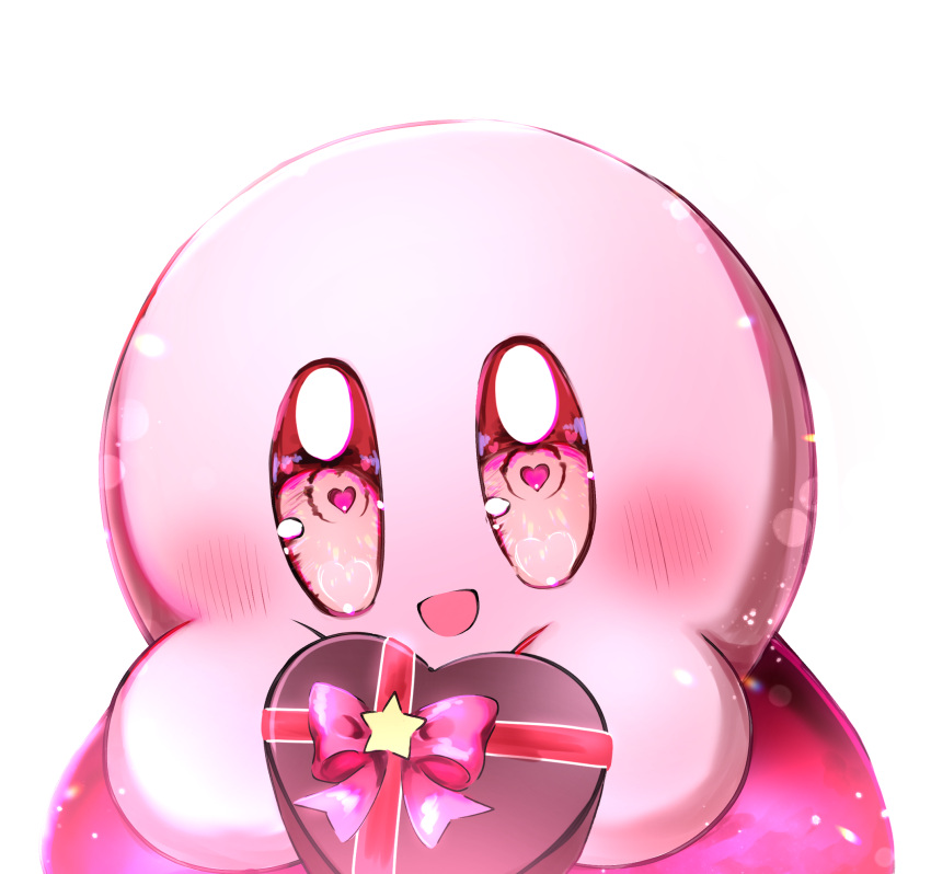 1boy, ama_nasuuby, blue_eyes, blush, blush_stickers, closed_mouth, colored_skin, full_body, highres, kirby, kirby_(series), looking_at_viewer, no_humans, pink_skin, simple_background, solo
