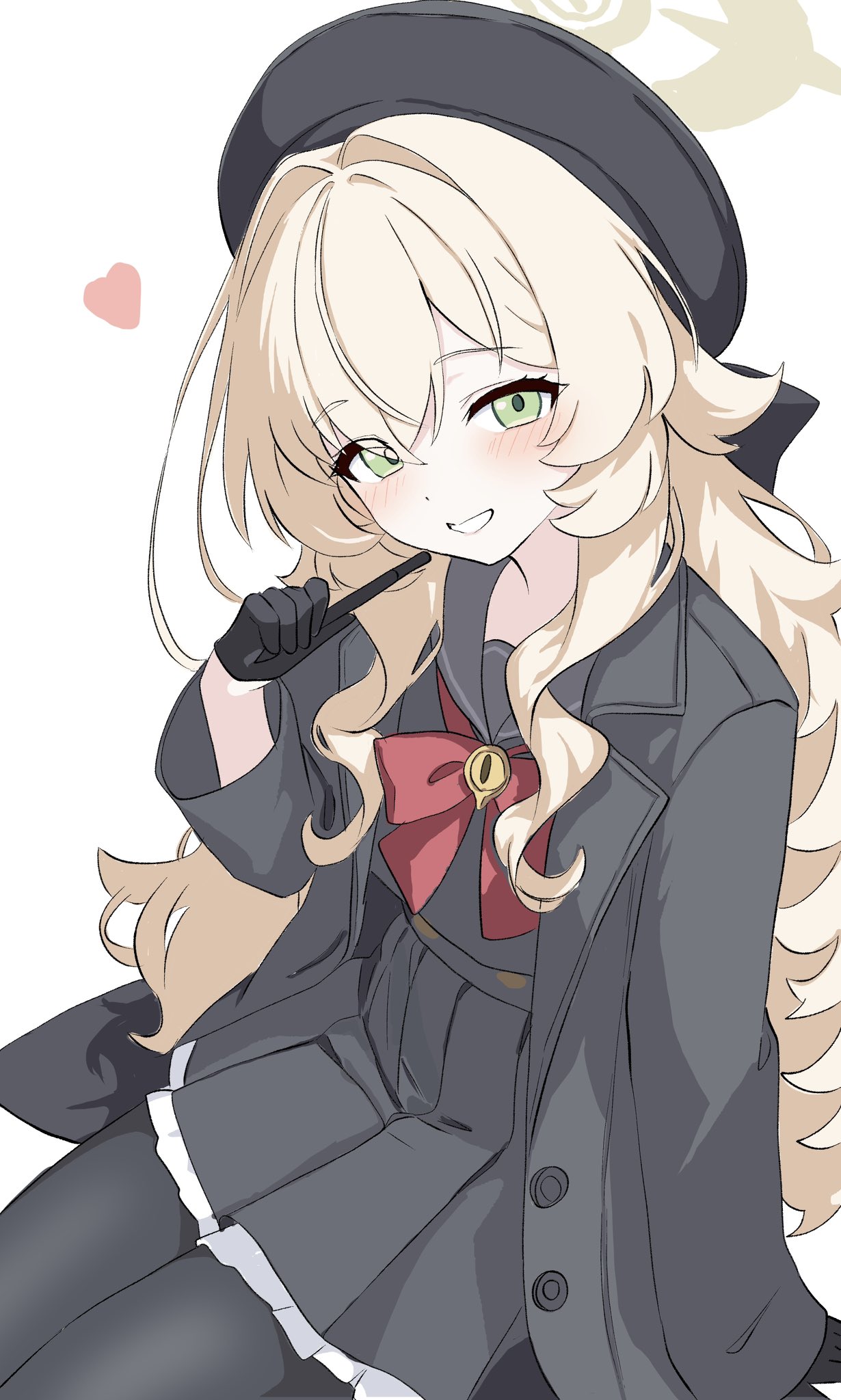 1girl, :d, black_coat, black_gloves, black_hat, black_pantyhose, black_serafuku, blonde_hair