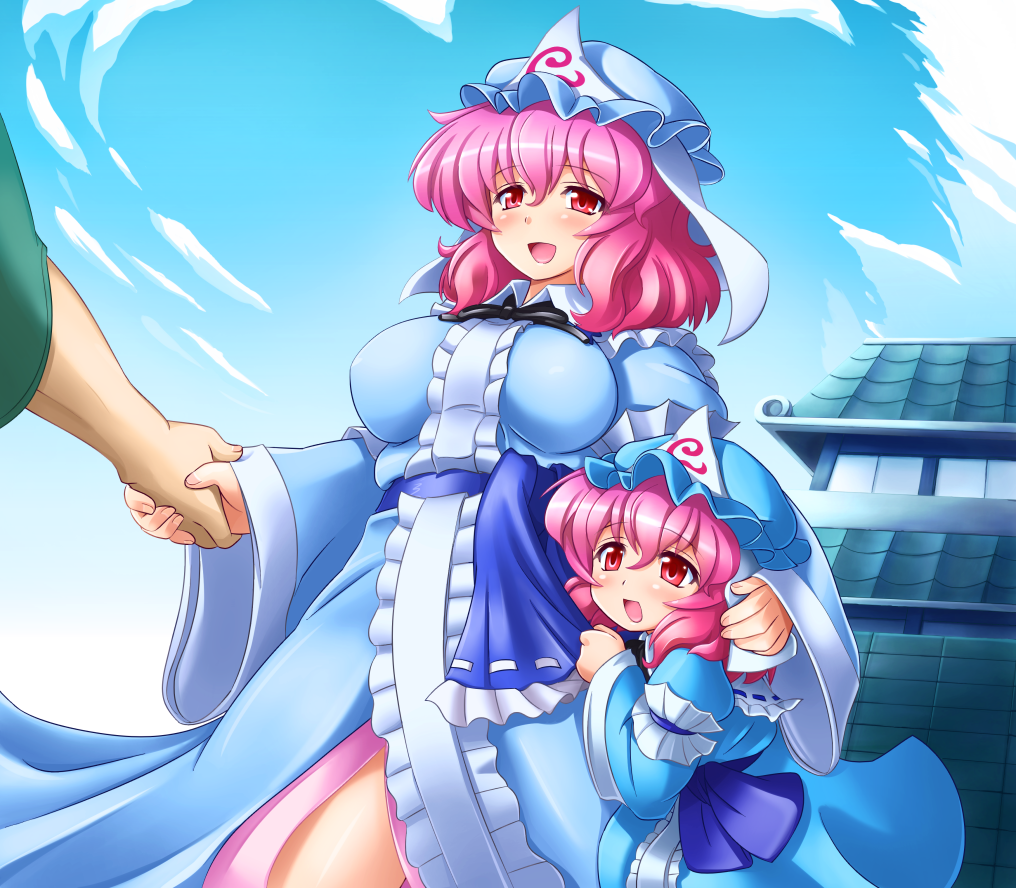 age_difference, breasts, castle, child, cloud, dual_persona, hand_holding, hands_clasped, hat, holding_hands, japanese_clothes, konpaku_youki, large_breasts, mother_and_daughter, multiple_girls, pink_hair, red_eyes, saigyouji_yuyuko, shin'en_(gyokuro_company), shinryoku_(j-1), short_hair, sky, smile, time_paradox, touhou, triangular_headpiece, young