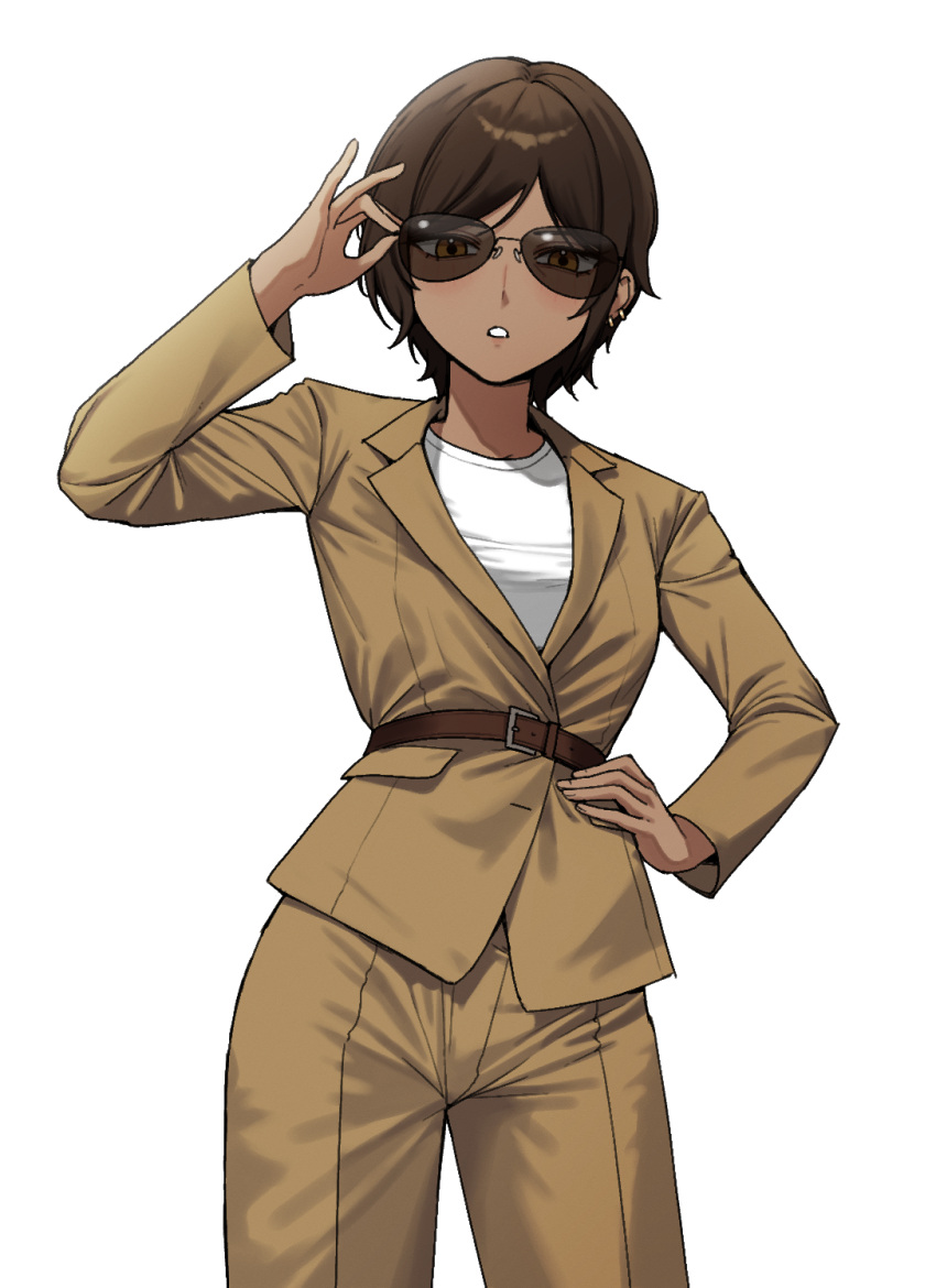 1girl, absurdres, belt, belt_buckle, brown_belt, brown_eyes, brown_hair, brown_pants
