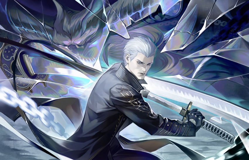 1boy, black_coat, black_gloves, blue_eyes, closed_mouth, coat, commentary_request, cowboy_shot, devil_may_cry_(series), devil_may_cry_5, gloves, hair_slicked_back, highres, holding, holding_sword, holding_weapon, incoming_attack, katana, long_sleeves, looking_at_viewer, male_focus, serious, sheath, short_hair, solo, sword, unsheathing, vergil_(devil_may_cry), weapon, white_hair, yamato_(sword), yaoyuniz55275