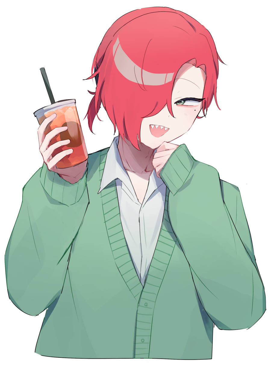 1boy, :d, cardigan, collared_shirt, cup, disposable_cup, dress_shirt, green_cardigan, green_eyes, hair_over_one_eye, hands_up, highres, holding, holding_cup, kasugano_(owf_ksg), looking_at_viewer, male_focus, mole, mole_under_eye, one_eye_covered, open_collar, oshi_no_taisetsuna_hito_ni_narikawaru, ponytail, red_hair, sharp_teeth, shirt, sleeves_past_wrists, smile, solo, teeth, tonimura_yui, white_background, white_shirt