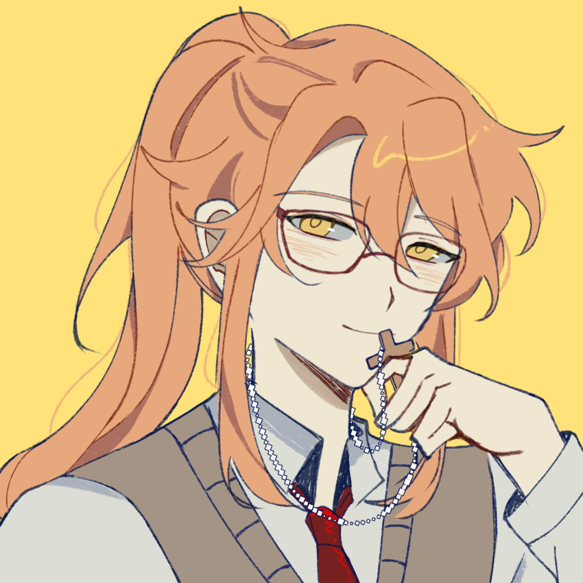 1boy, brbcaffeine, closed_mouth, cross, cross_necklace, degrees_of_lewdity, glasses, grey_sweater_vest, high_ponytail, highres, jewelry, limbus_company, necklace, necktie, orange_hair, parted_bangs, ponytail, project_moon, red_necktie, shirt, sidelocks, smile, solo, sweater_vest, sydney_(degrees_of_lewdity), sydney_(male)_(degrees_of_lewdity), vellmori_(style), white_shirt, yellow_eyes