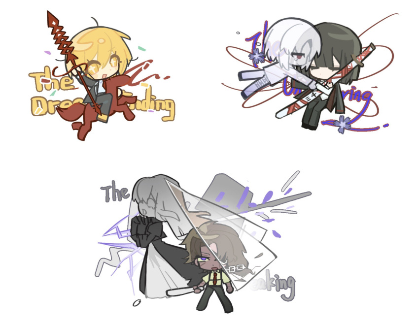 4girls, araya_(project_moon), arm_up, black_hair, bob_cut, broken_glass, brown_hair, catherine_(project_moon)