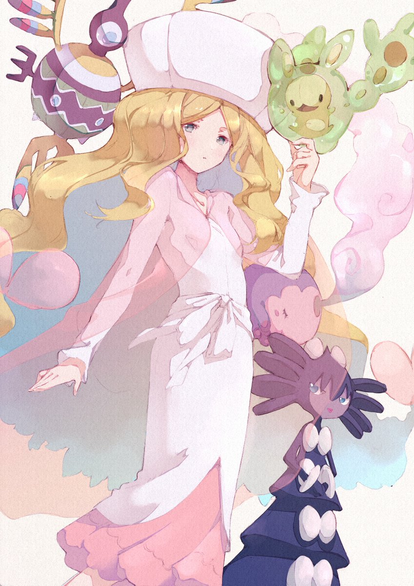 1girl, blonde_hair, breasts, caitlin_(pokemon), cape, commentary, dress, fuyuki_eru