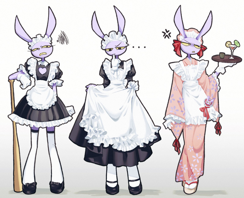 ..., 3boys, aida_(aidacamelia0516), alcohol, anger_vein, apron, arm_at_side, baseball_bat