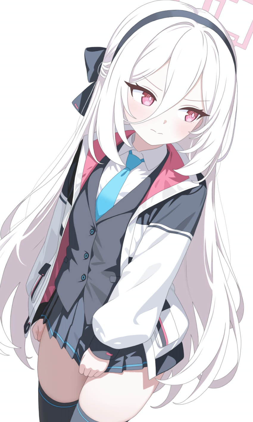 1girl, absurdres, black_hairband, black_jacket, black_skirt, black_thighhighs, blue_archive, blue_necktie, blush, closed_mouth, collared_shirt, commentary_request, hair_between_eyes, hairband, halo, highres, jacket, kei_(blue_archive), kei_(new_body)_(blue_archive), knight1208, long_hair, long_hair_between_eyes, looking_to_the_side, necktie, pink_halo, pleated_skirt, rectangular_halo, shirt, simple_background, skirt, solo, thigh-highs, very_long_hair, white_background, white_hair, white_shirt