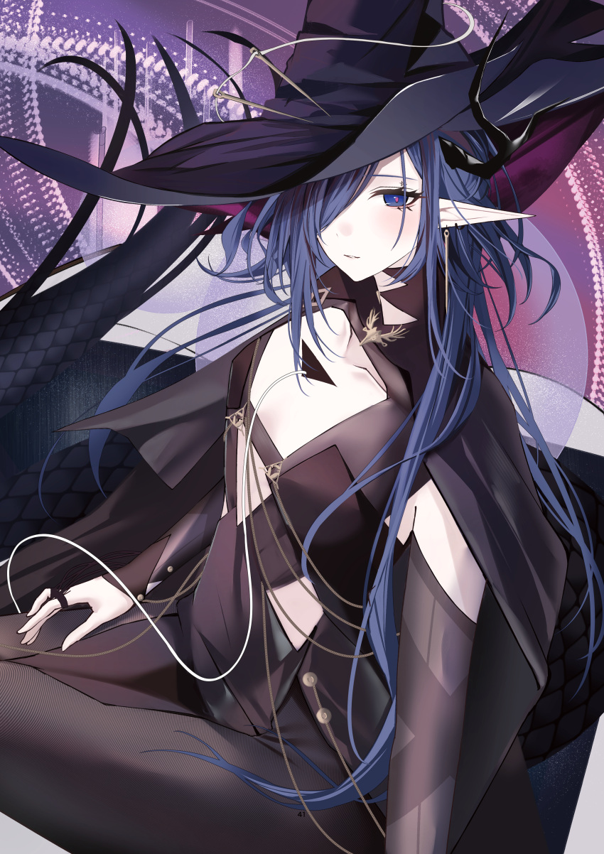 1girl, absurdres, arknights, black_cape, black_dress, black_hat, black_horns, black_sleeves, blue_eyes, blue_hair, cape, collarbone, commentary_request, detached_sleeves, dress, ermengarde_(arknights), flat_chest, hair_over_one_eye, hat, highres, horns, long_hair, looking_at_viewer, mo_komo_momo, pointy_ears, solo, witch_hat