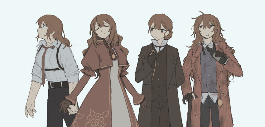 4girls, absurdres, ascot, black_coat, black_gloves, brown_coat, brown_dress, brown_eyes