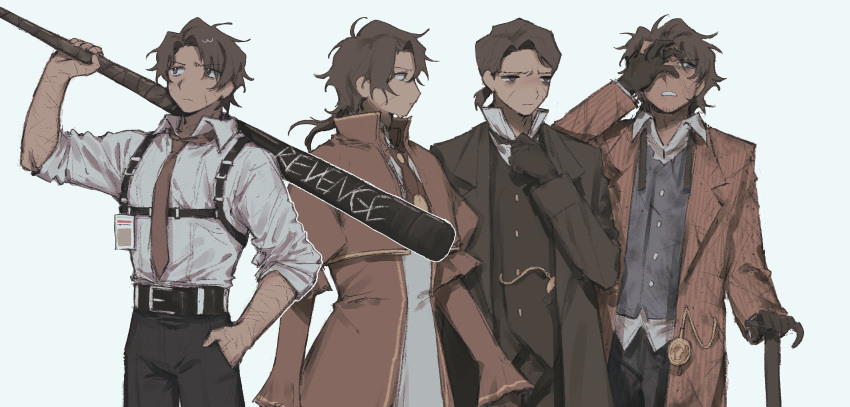 4boys, absurdres, arm_up, ascot, baseball_bat, black_coat, black_gloves, black_pants