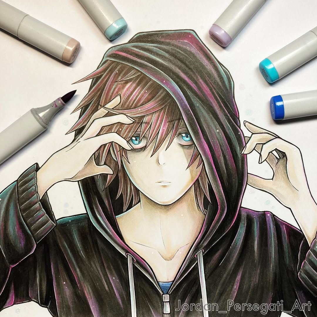 1boy, art_tools_in_frame, bags_under_eyes, black_jacket, blue_eyes, blue_shirt, brown_hair, commentary