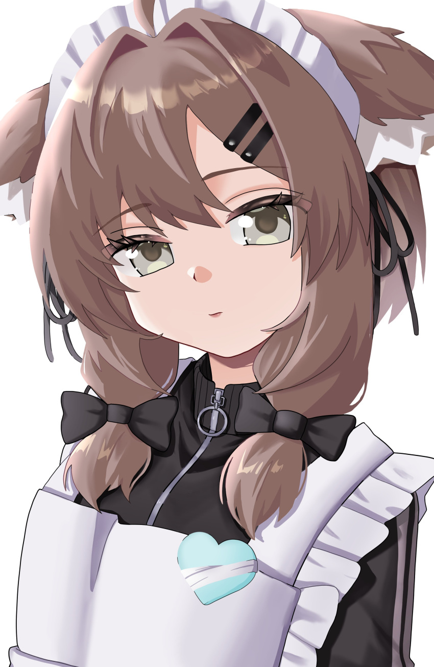1girl, absurdres, ahoge, animal_ear_fluff, animal_ears, apron, brown_hair, frills, highres, jacket, mafuyu_(funamusea), maid, maid_apron, nother_walpurgis, ribon, vrchat, vrchat_(medium)