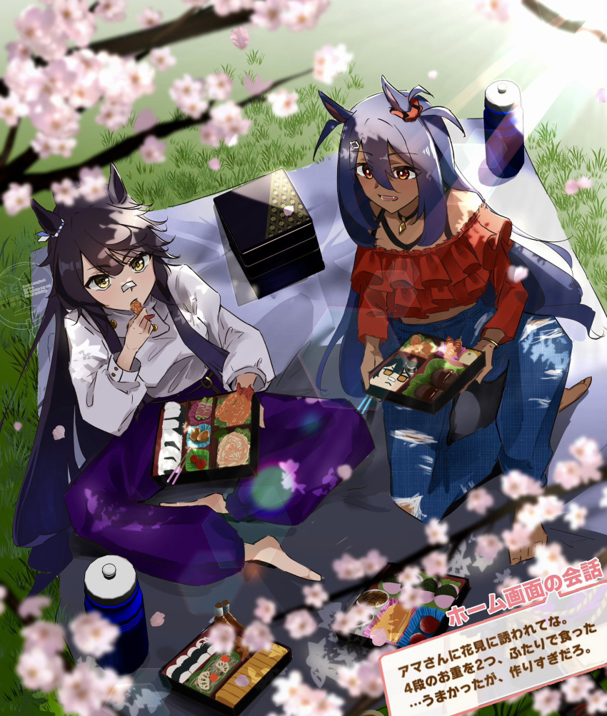 2girls, animal_ears, bandaid, bandaid_on_face, bandaid_on_nose, bento, black_hair, breasts