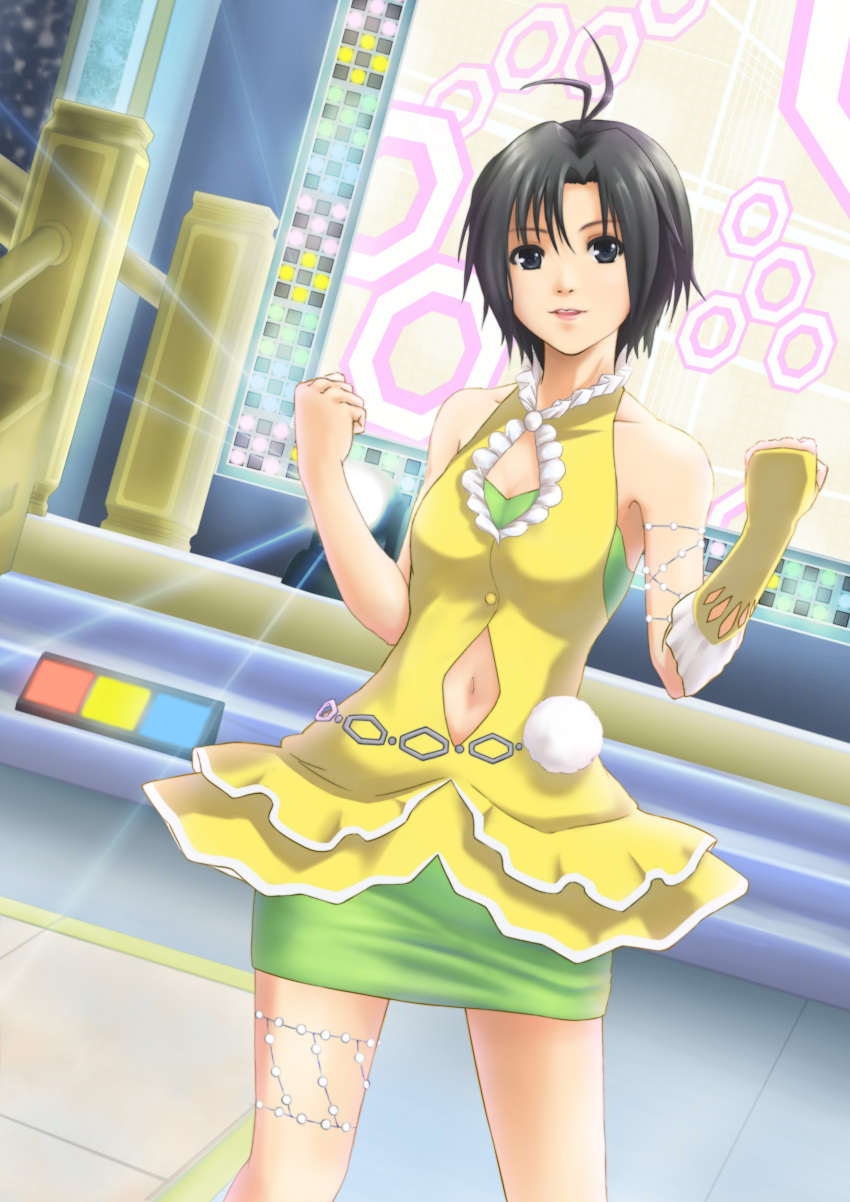 absurdres, antenna_hair, bare_shoulders, black_eyes, black_hair, halterneck, highres, idolmaster, kikuchi_makoto, miniskirt, navel, pettan-areinn, pettan_(areinn), short_hair, single_glove, skirt, solo, vital_sunflower