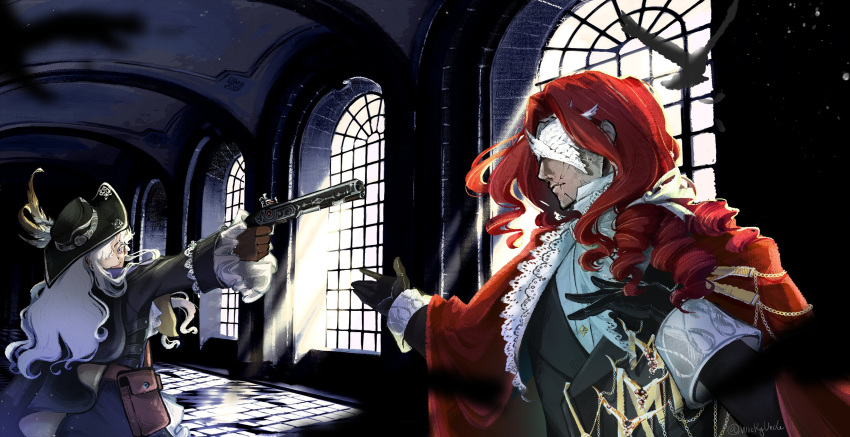 1boy, 1girl, absurdres, aiming_at_another, aleph_(a_feast_of_imagery)_(reverse:1999), aleph_(reverse:1999), arched_window, black_coat