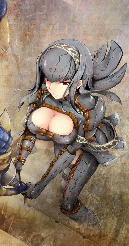 breasts, cleavage, cleavage_cutout, gypceros, gypceros_(armor), hairband, kizuki_aruchu, large_breasts, long_hair, monster_hunter, red_eyes