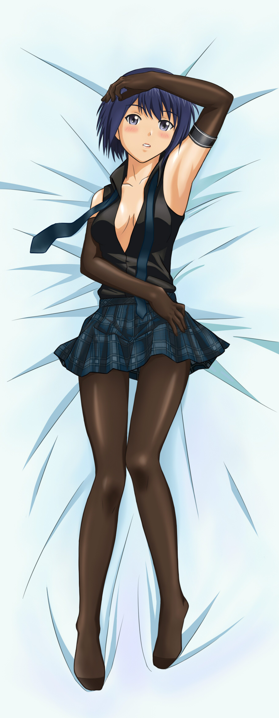 bed_sheet, black_legwear, blue_eyes, blue_hair, blush, breasts, cleavage, dakimakura, elbow_gloves, gloves, highres, idolmaster, idolmaster_relations, long_image, lying, necktie, no_bra, on_back, pantyhose, pettan-areinn, pettan_(areinn), plaid, plaid_skirt, sanjou_tomomi, short_hair, skirt, solo, tall_image