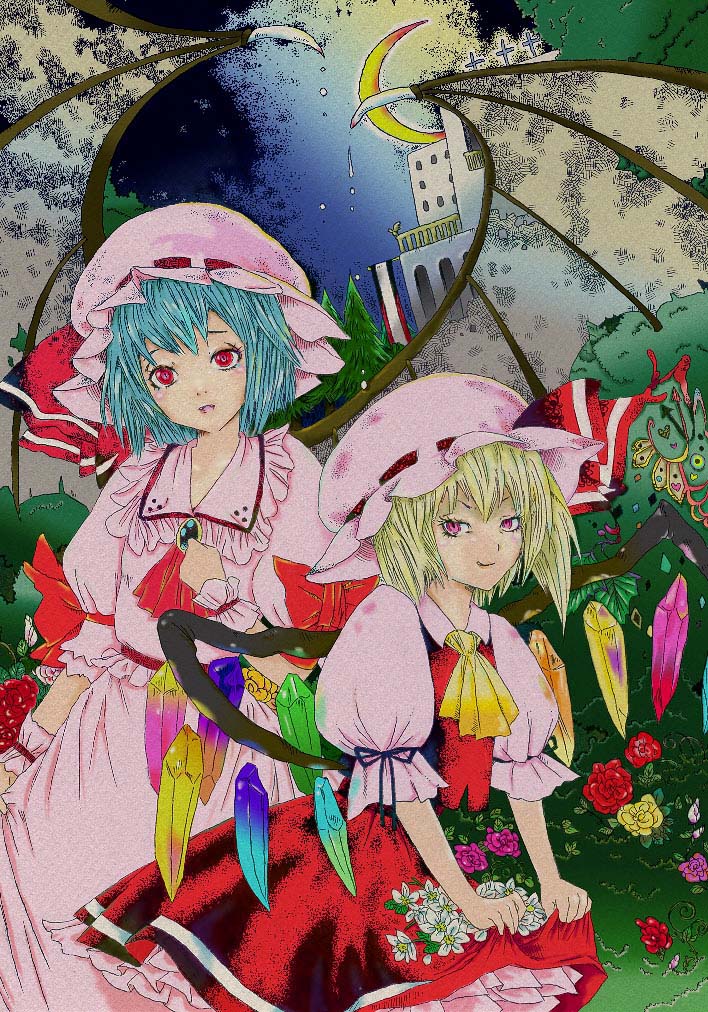 ascot, bat_wings, blonde_hair, blue_hair, brooch, clothes_grab, crescent_moon, flandre_scarlet, flower, hat, jewelry, marumero33, moon, multiple_girls, red_eyes, remilia_scarlet, siblings, sisters, skirt_basket, smirk, touhou, wings, wrist_cuffs
