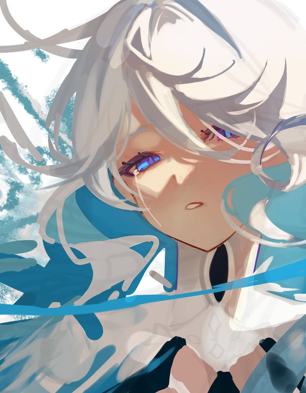 1girl, blue_eyes, choker, crying, drop-shaped_pupils, floating_hair, focalors_(genshin_impact), genshin_impact, grey_hair, highres, long_hair, shadow, solo, soybee_102, symbol-shaped_pupils, tearing_up, tears, violet_eyes, white_choker, white_hair