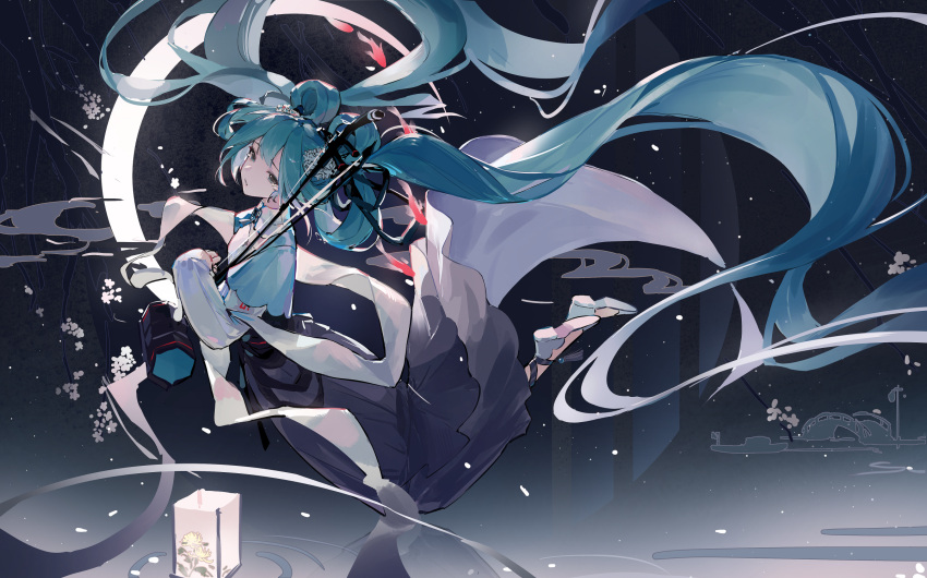 1girl, black_dress, branch, capelet, chinese_clothes, collar, dress, erhu