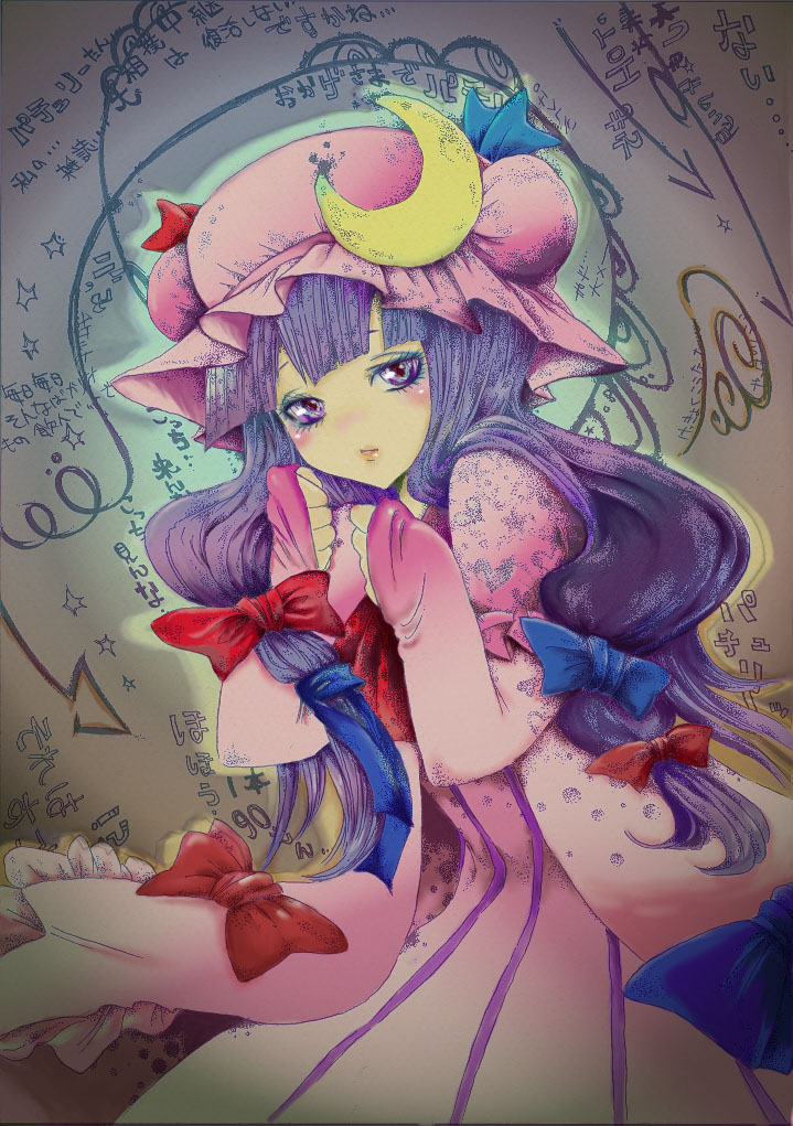 bow, cloak, crescent, eyeshadow, hat, long_hair, long_sleeves, makeup