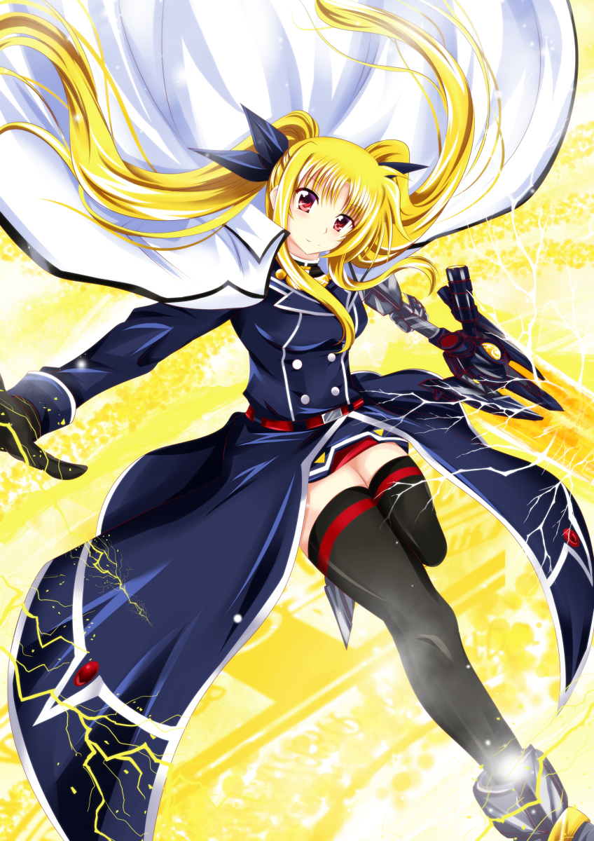 bardiche_(nanoha), black_thighhighs, blonde_hair, breasts, cape, closed_mouth, curtained_hair, electricity