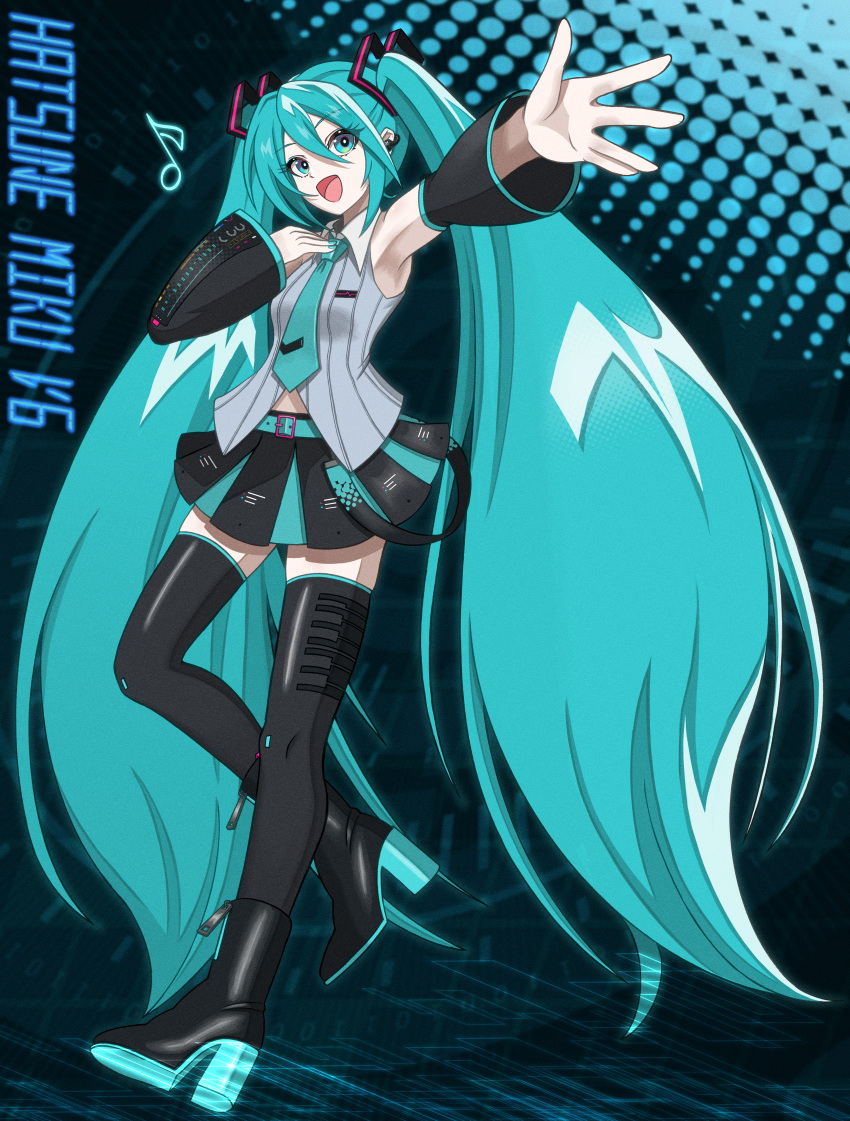 1girl, absurdres, aqua_eyes, aqua_hair, aqua_nails, aqua_necktie, aqua_trim, arm_tattoo