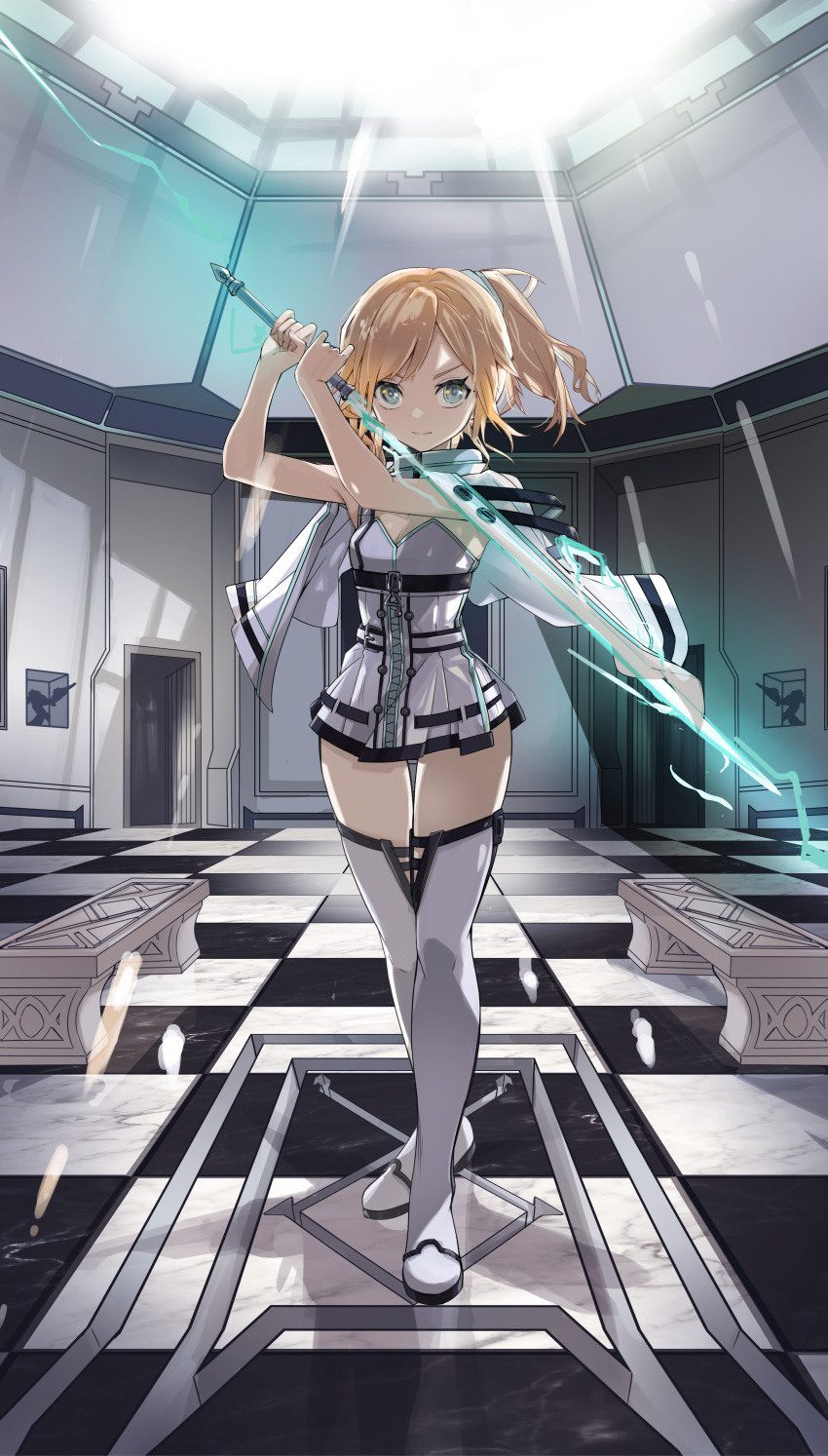 1girl, absurdres, aqua_eyes, blonde_hair, blue_eyes, boots, checkered_floor, dress