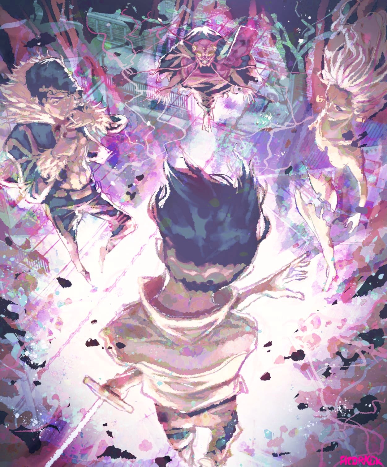 1girl, 2boys, abs, andoryu, black_hair, bug, cigarette, cockroach