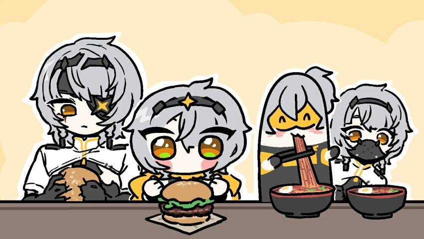 anby_demara, clone, eating, medium_hair, multiple_girls, short_hair, soldier_11, twiggy_(zenless_zone_zero)