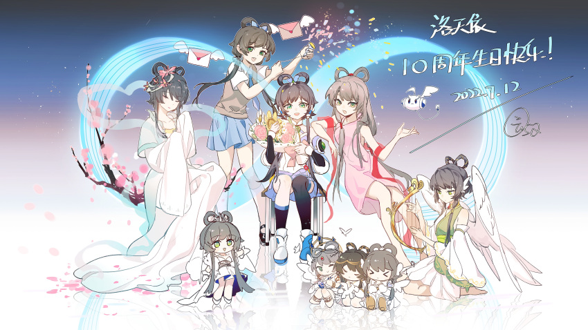 absurdres, asymmetrical_legwear, bare_shoulders, birthday, bouquet, chibi, chinese_clothes, dress