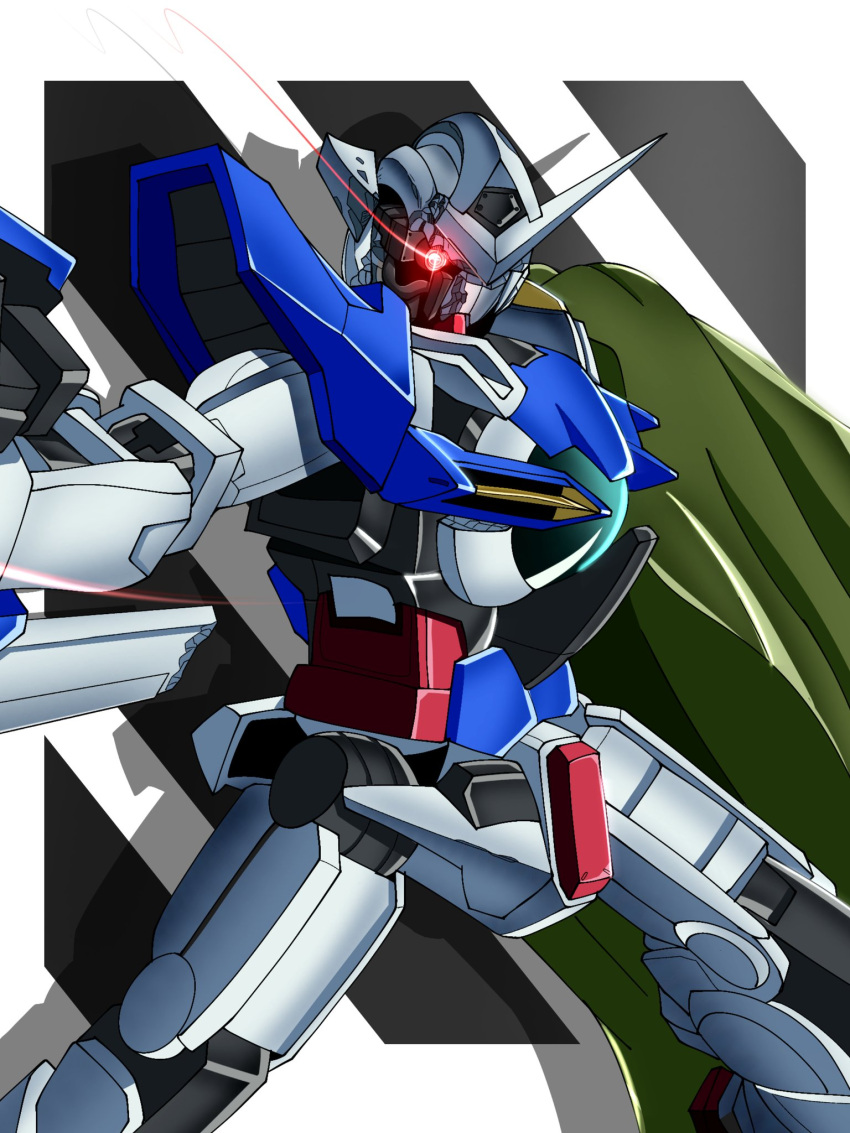 cloak, damaged, exia_repair, glowing, glowing_eye, green_cloak, gundam, gundam_00