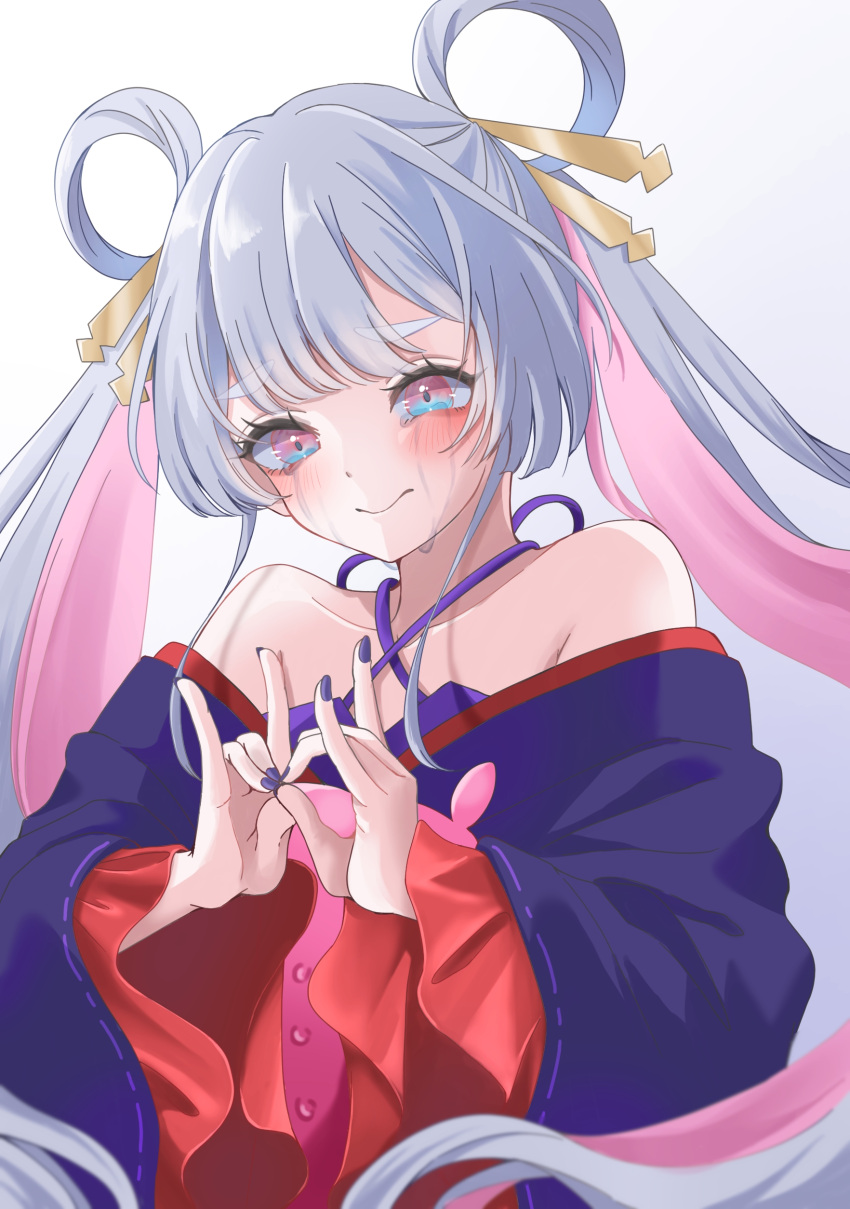 1girl, absurdres, bare_shoulders, blue_kimono, blush, cho_kaguya-hime!, closed_mouth, colored_inner_hair, commentary, crying, crying_with_eyes_open, double_fox_shadow_puppet, fox_shadow_puppet, fox_shadow_puppet_kiss, hair_ornament, hair_rings, hair_stick, highres, japanese_clothes, kimono, long_hair, makyu_(nnprnml_526), multicolored_hair, off_shoulder, pink_eyes, pink_hair, runami_yachiyo, simple_background, solo, tears, white_background, white_hair