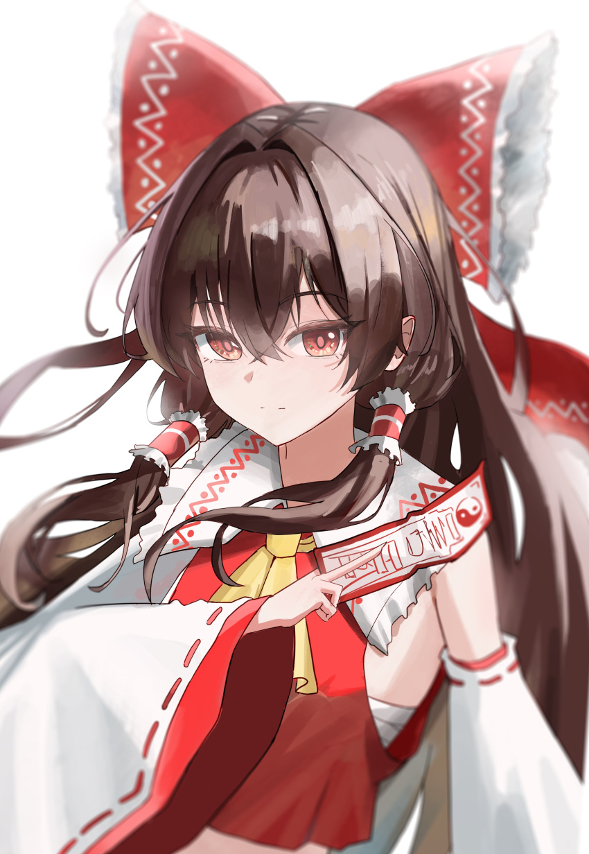 1girl, absurdres, ascot, blurry, bow, brown_eyes, brown_hair, commentary