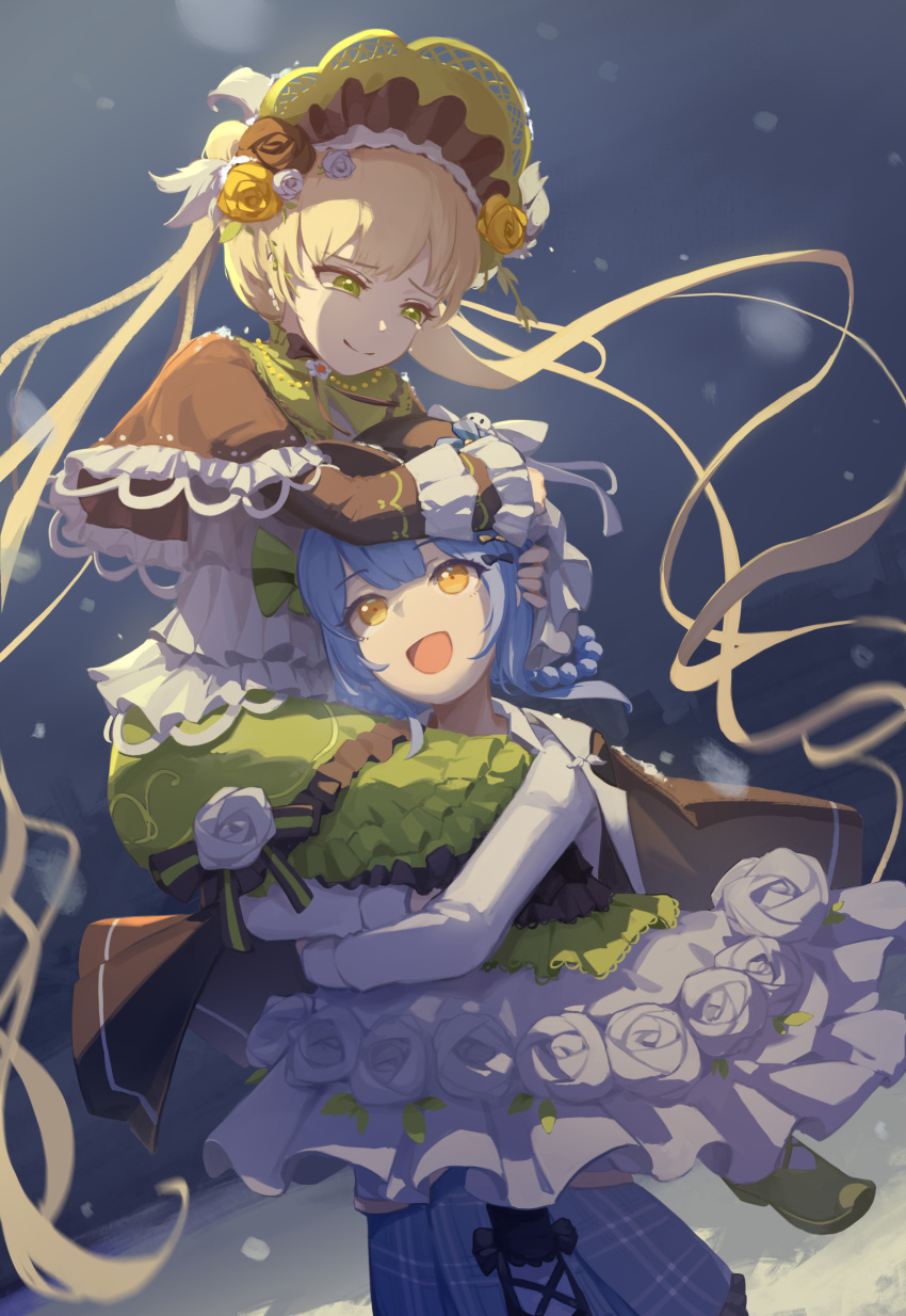 2girls, :d, absurdres, along_(user_kjse4325), bird_hat_ornament, black_capelet, black_flower, black_hat