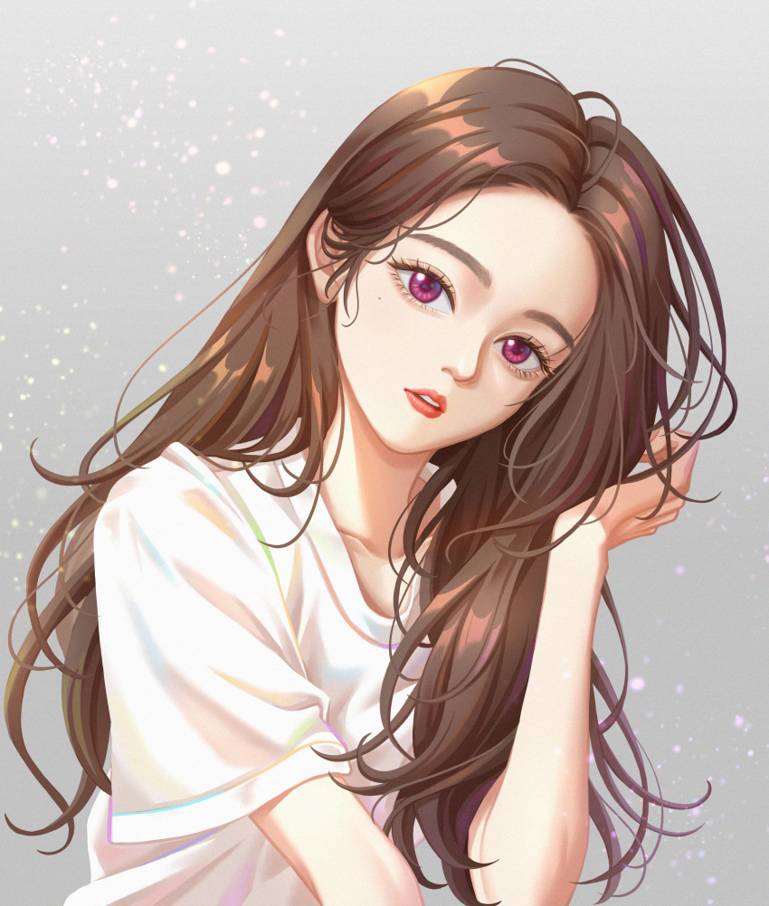 1girl, absurdres, brown_hair, collarbone, flat_chest, grey_background, highres, ive_(group)