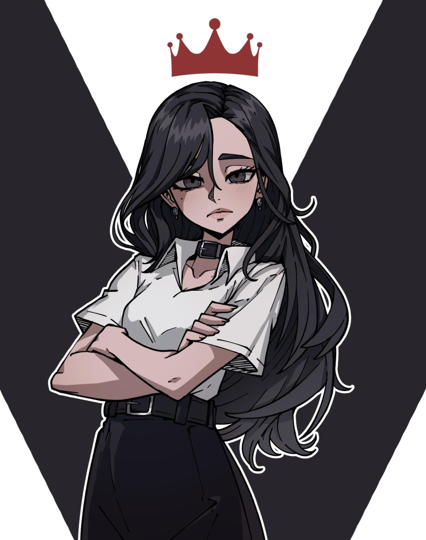 1girl, animification, belt, black_belt, black_eyes, black_hair, black_skirt, collared_shirt