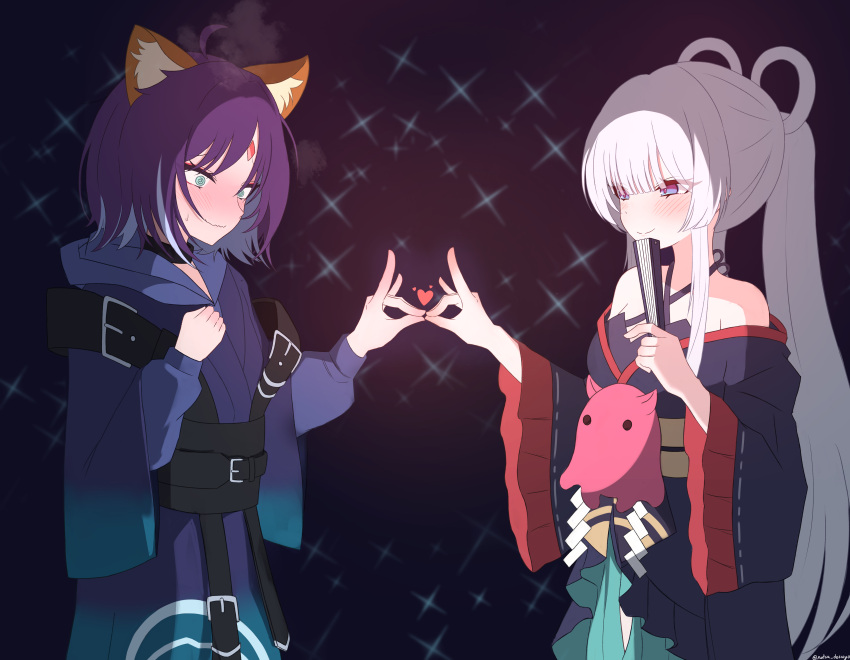 2girls, @_@, absurdres, ahoge, bare_shoulders, black_choker, blue_background, blue_eyes