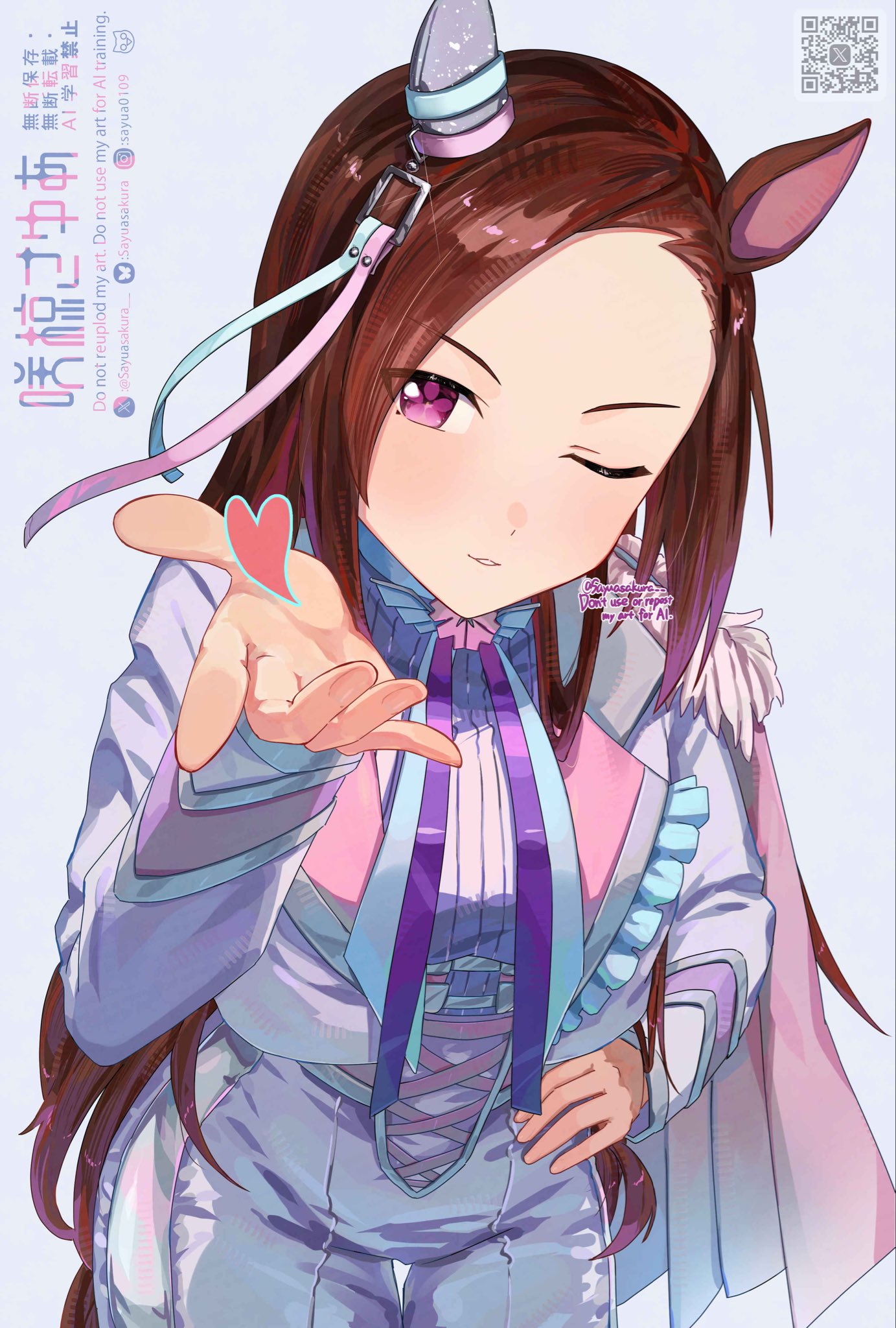 1girl, animal_ears, barcode, blowing_kiss, bluesky_logo, brown_hair, commentary, ear_covers, flower_in_eye, forehead, hair_down, hand_on_own_hip, heart, highres, horse_ears, horse_girl, horse_tail, instagram_logo, jacket, leaning_forward, long_hair, long_sleeves, looking_at_viewer, official_alternate_costume, official_alternate_hairstyle, one_eye_closed, pants, parted_lips, sakura_bakushin_o_(umamusume), sayuasakura, sidelocks, single_ear_cover, solo, standing, symbol-shaped_pupils, symbol_in_eye, tail, twitter_username, twitter_x_logo, umamusume, untranslatable_commentary, upper_body, violet_eyes, watermark, white_jacket, white_pants