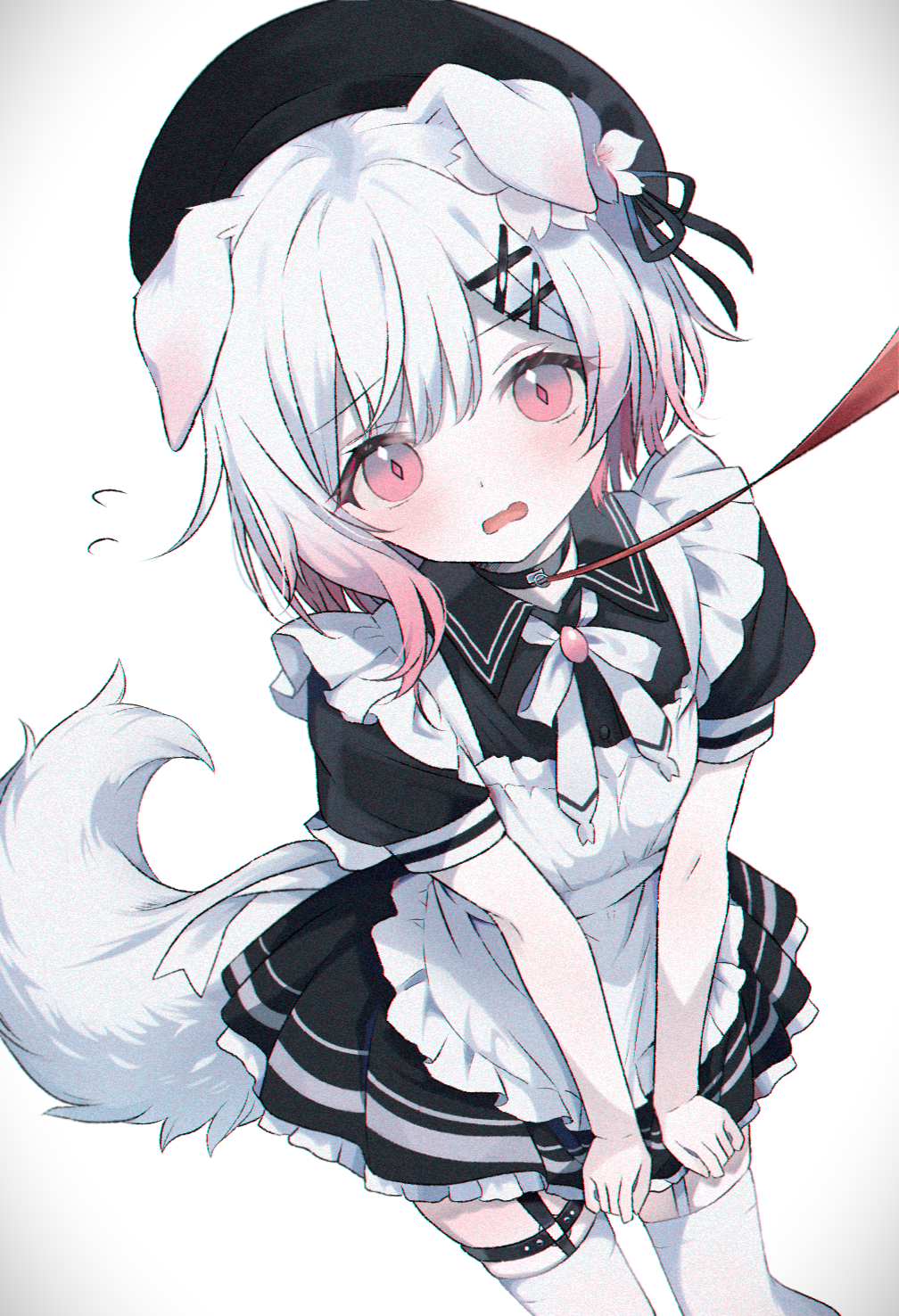 1girl, amiamzk827, animal_ears, apron, asymmetrical_sidelocks, back_bow, beret, black_collar