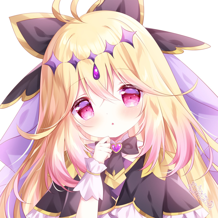 1girl, black_capelet, blonde_hair, bow, capelet, commentary, cure_arcana_shadow, hair_between_eyes